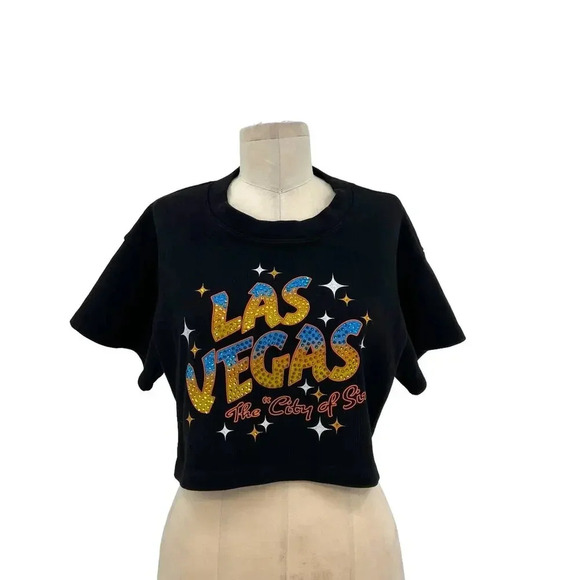 Vintage Souls Juicy Backless Rib Crop Top Black Las Vegas Rhinestone Size Medium - Picture 1 of 12